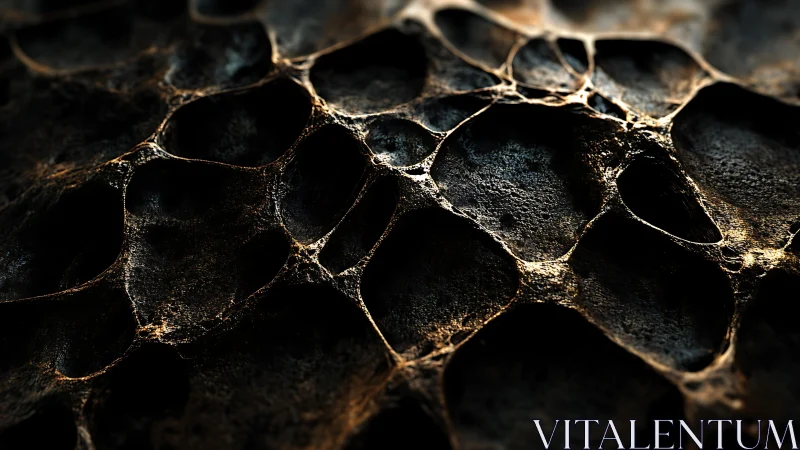 Abstract close-up of organic honeycomb texture, dark earthy tones.