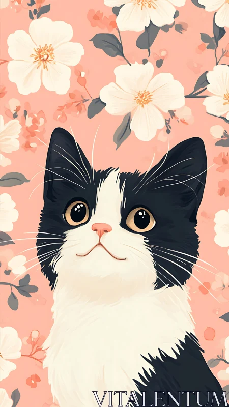 Black and White Cat Gazes Through Dreamy Floral Garden.