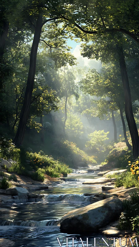 Sunlit forest stream framed by towering canopy architecture and luminous foliage interplay.