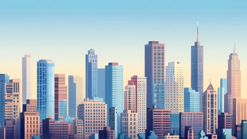 Sunlit modern skyline with varied high-rise architecture.