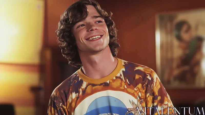 Soft-lit portrait of smiling youth in tie-dye shirt, shallow depth