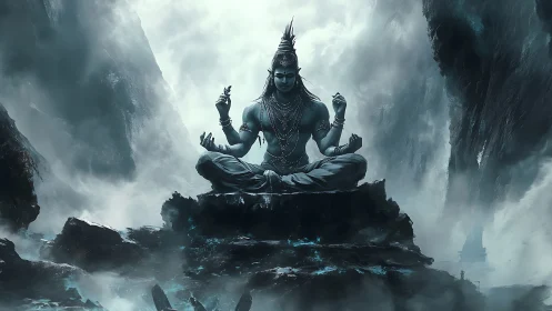 Meditating deity sits in stormy mountainscape of swirling mists.
