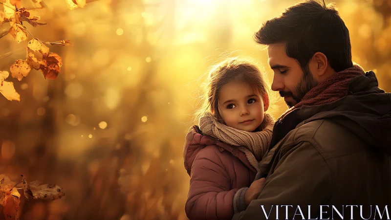 Father and daughter in autumn golden hour with bokeh background lighting