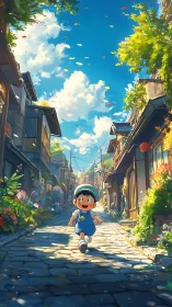 Smiling child runs along sunlit stone lane under vivid sky