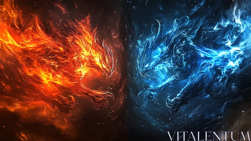 Elemental fire and ice wolf spirits in mirrored confrontation