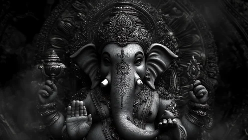 Monochrome Ganesh deity sculpture in dramatic photorealism.
