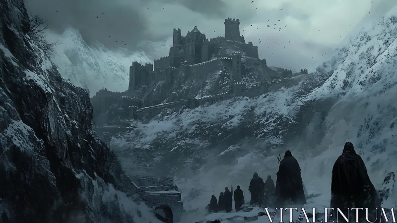 Dark castle looms over snowbound pass with cloaked figures.