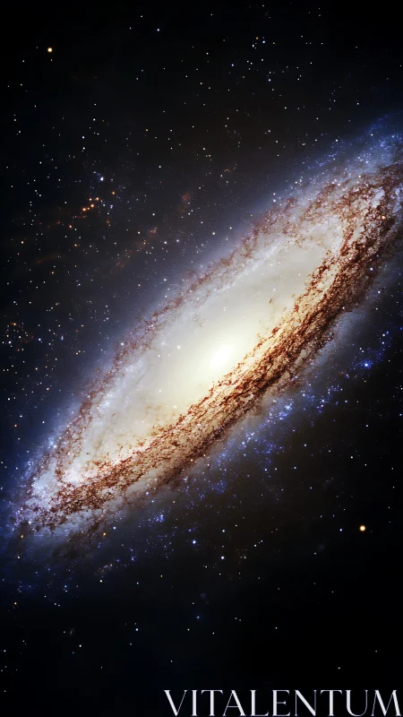 Spiral galaxy with bright core and dust lanes in space.