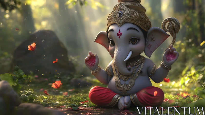 Baby Ganesha idol in sunlit forest with floating petals.