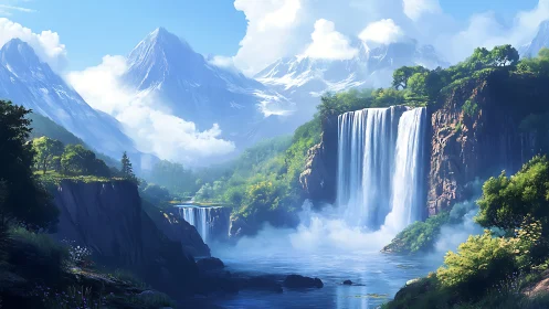 Majestic mountain waterfalls cascade into a misty valley.