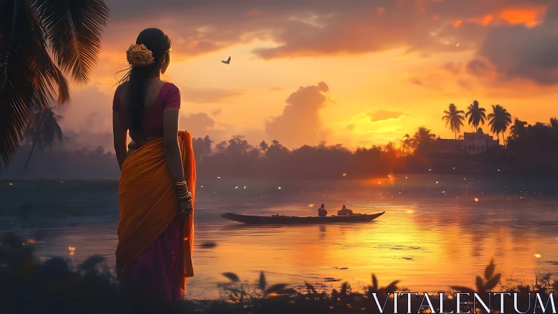 Woman in sari watching small boat on tropical river sunset.