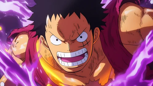 Intense anime warrior in dynamic close-up with violet energy