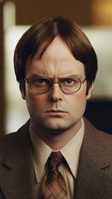 Stoic office worker portrait rendered in hyperreal detail