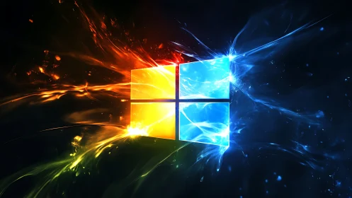 Windows logo with abstract light energy on dark background.