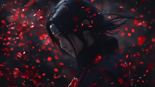 Solitary ninja amid drifting crimson petals contemplates fate.
