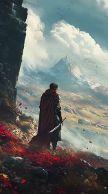 Lone cloaked warrior surveys distant snow peak under towering clouds