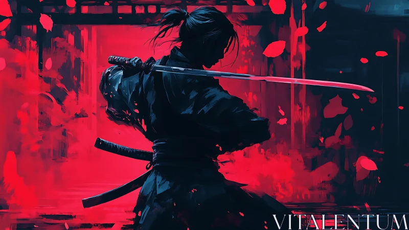Silent samurai in crimson storm, pausing between heartbeats.