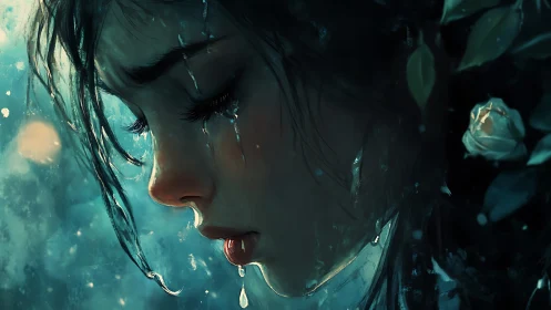 Rain-soaked reverie of a girl weeping in teal twilight.