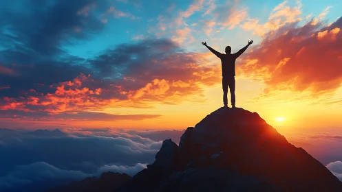 Silhouette on mountain summit against layered cloud sunset.