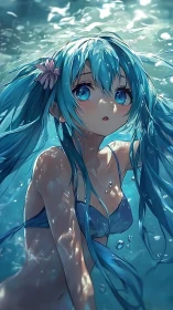 Gentle aqua haired swimmer in sunlit underwater calm.