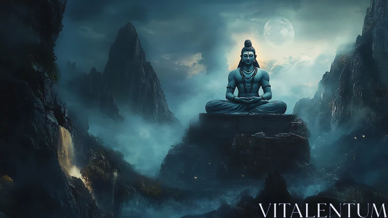 Lunar-lit Shiva colossus amid volumetric Himalayan ravines.