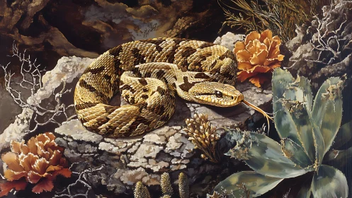 Coiled rattlesnake on arid rock with hyper-detailed scalation.