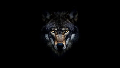 Wolf portrait emerges from black void with piercing gaze