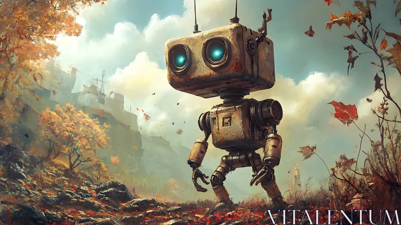 Curious little robot wanders through a glowing autumn valley
