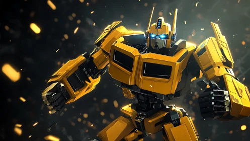 Yellow armored humanoid robot stands in dynamic pose