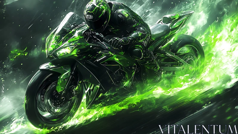 Plasma-green superbike carves neon fire through midnight rain