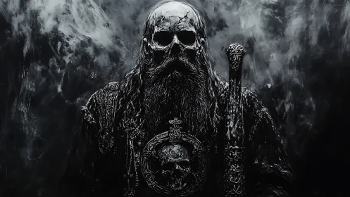 Skeletal robed figure holds ornate staff in smoky darkness