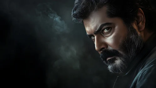 Intense bearded man in dark moody digital portrait.