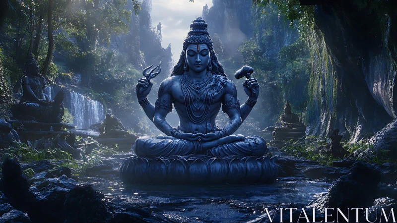 Moonlit Shiva sanctuary amid mist-veiled jungle falls.