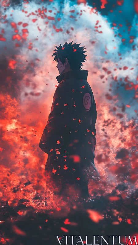 Storm-lit anime warrior stands calm amid drifting embers