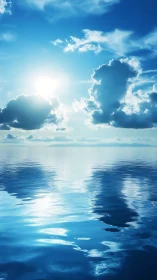 Sunlit cumulus clouds over calm reflective ocean horizon.