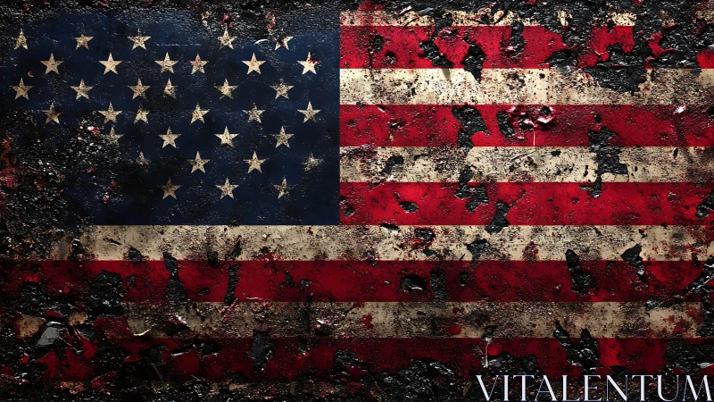 Weathered American flag with heavy burn and rust damage.