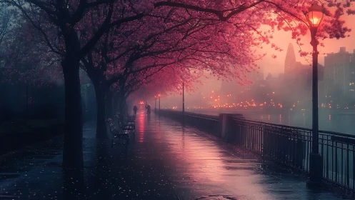 Rainlit cherry blossoms haunt a misty riverside promenade.