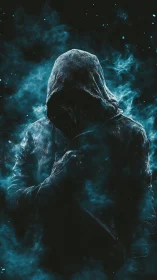 Mysterious hooded figure emerges from swirling blue smoke
