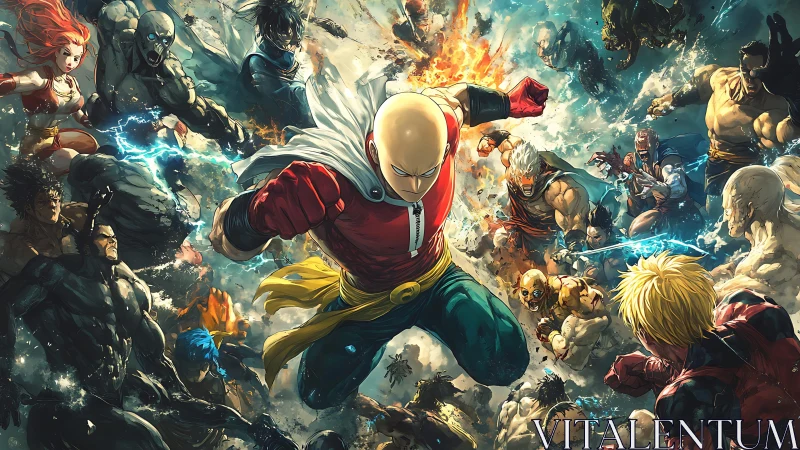 Central bald hero amid surrounding fighters in dynamic clash.