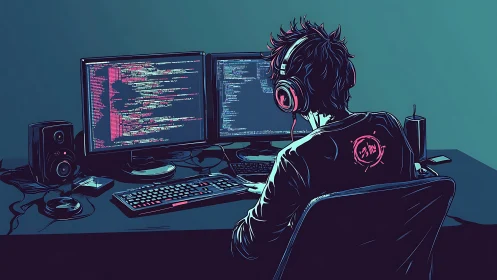 Neon-lit programmer at dual monitors in stylized workspace.