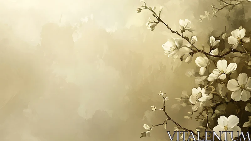 White cherry blossoms on branches against soft golden background.