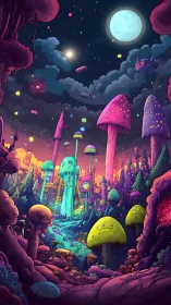Surreal neon mushroom metropolis under bioluminescent night sky.