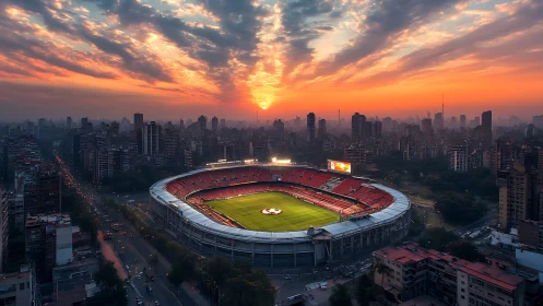 Sunset panorama over illuminated city football stadium.