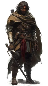 Battle-worn fantasy ranger in layered leather armor.