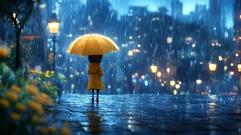 Child in yellow raincoat stands under umbrella on wet city lane