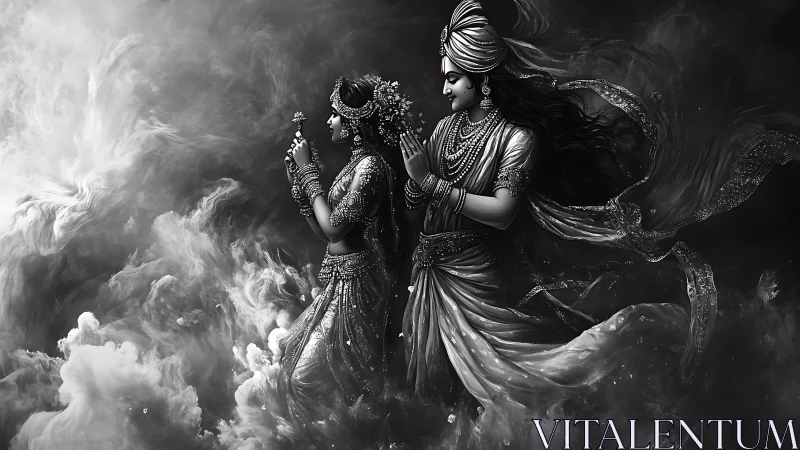 Divine couple in flowing robes within swirling smoky void.