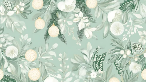 Winter foliage pattern integrates ornaments on muted green ground