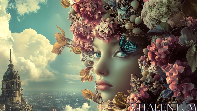 Dreamy flower-crowned muse watching a storybook cityscape.