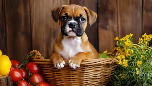 Boxer puppy in wicker basket among tomatoes and florals.