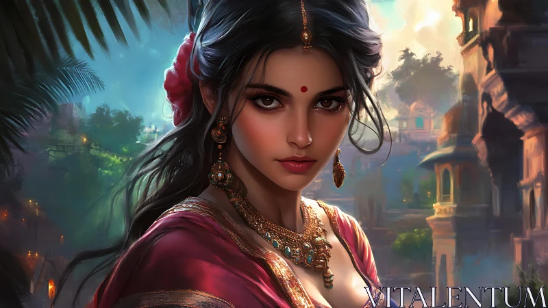 Regal woman gazes over a luminous, mythical palace city